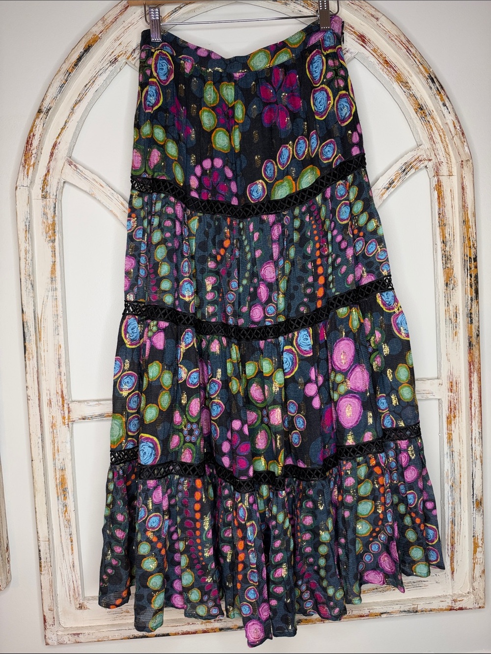 Alivia The Caroline Skirt Floral Tiered Maxi Skirt Black & Multicolor- Sz Small